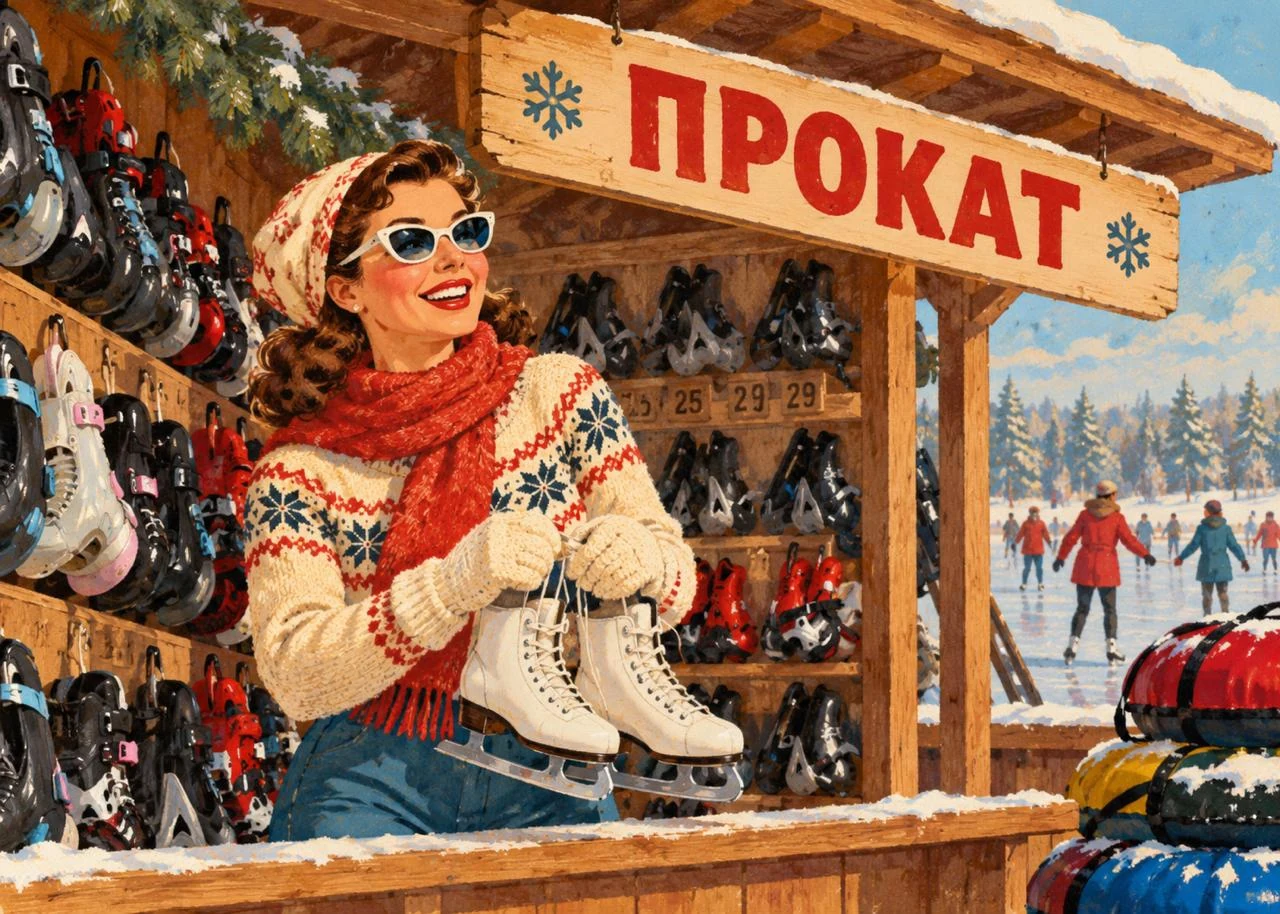 Девушка с коньками у пункта проката зимнего инвентаря